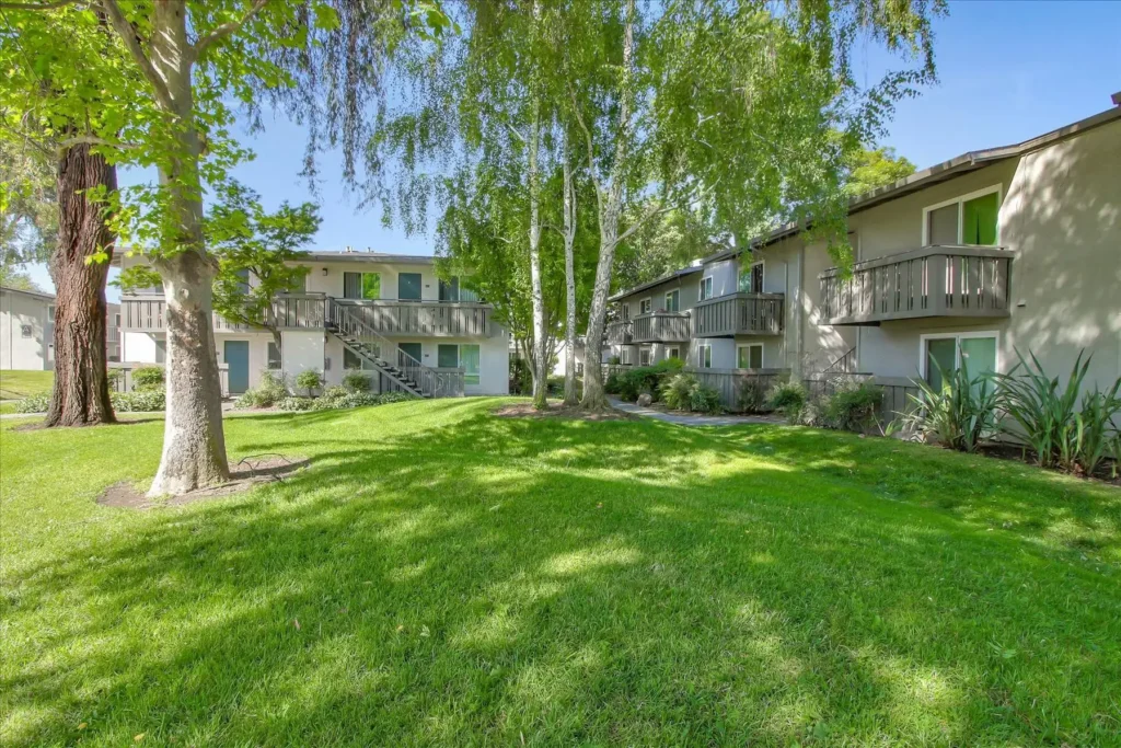 Residential buildings with green space and trees between them