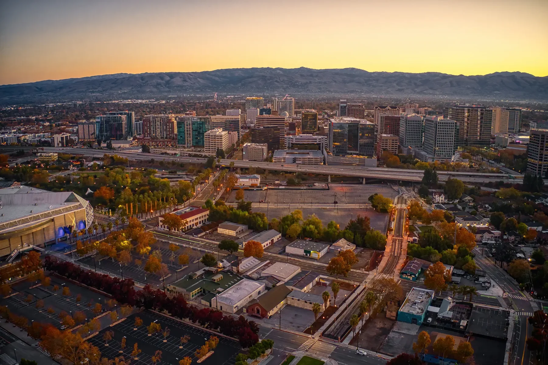 Aerial view of San Jose California with Mountains in the distance